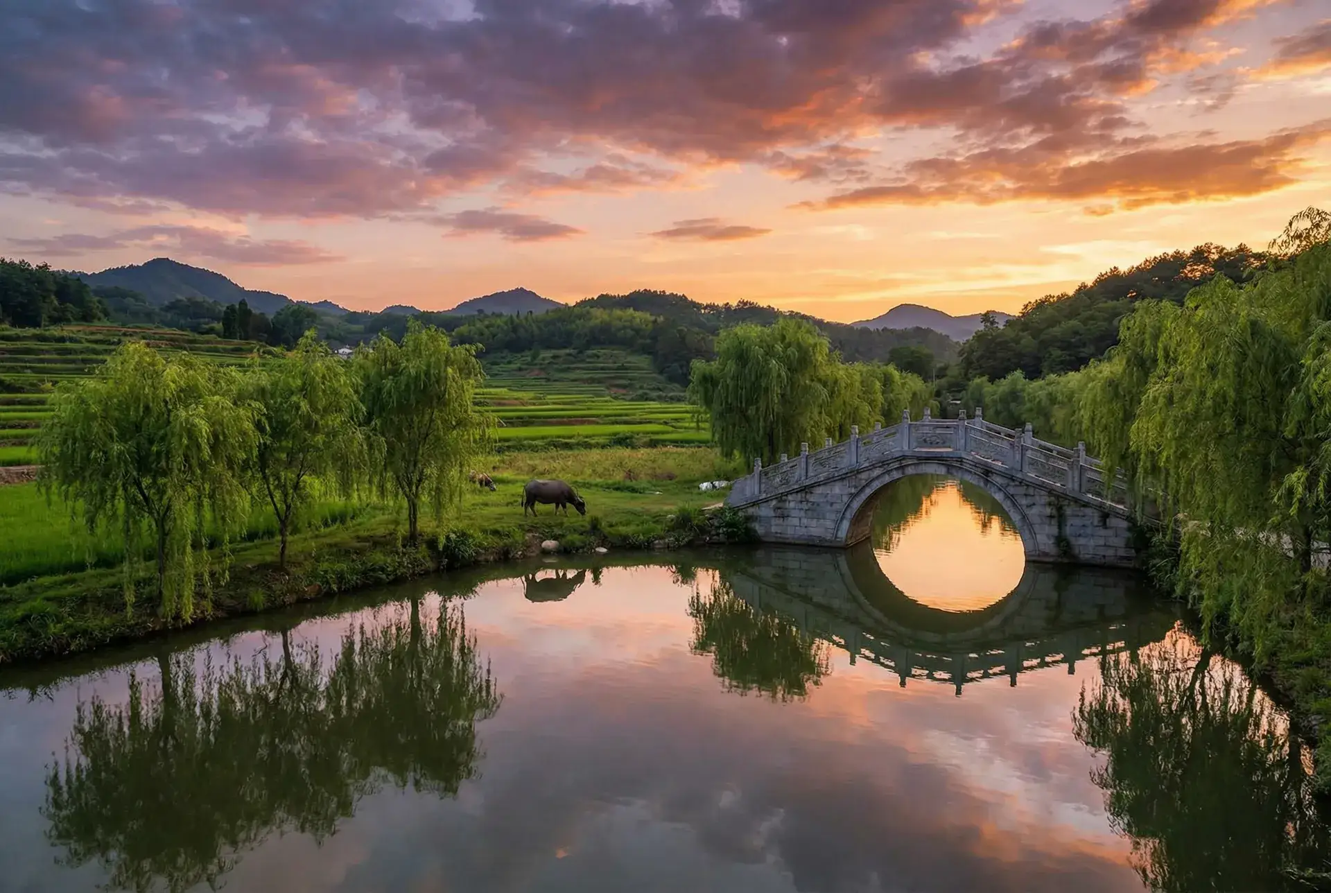 夕阳下的石拱桥与垂柳，水牛在河边吃草 - 动漫的门户网站 乡村美景
